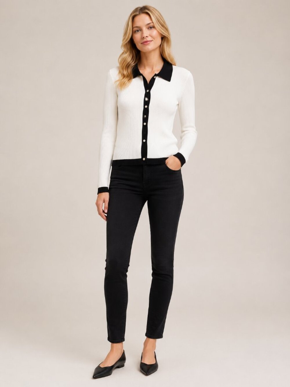 NWT White House Black Market Rib Colorblock Cardigan Ecru Black XS